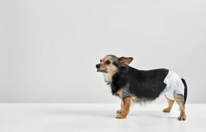 Small, brown dog wearing a red harness, standing sideways on a wooden floor. 