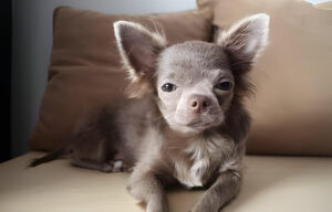 A long-haired lilac chihuahua puppy sitting in a studio setting, looking curiously up at the camera.