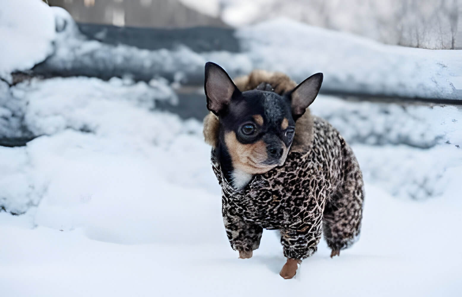 A chihuahua with short fur needs a sweater to stay warm in cold weather.