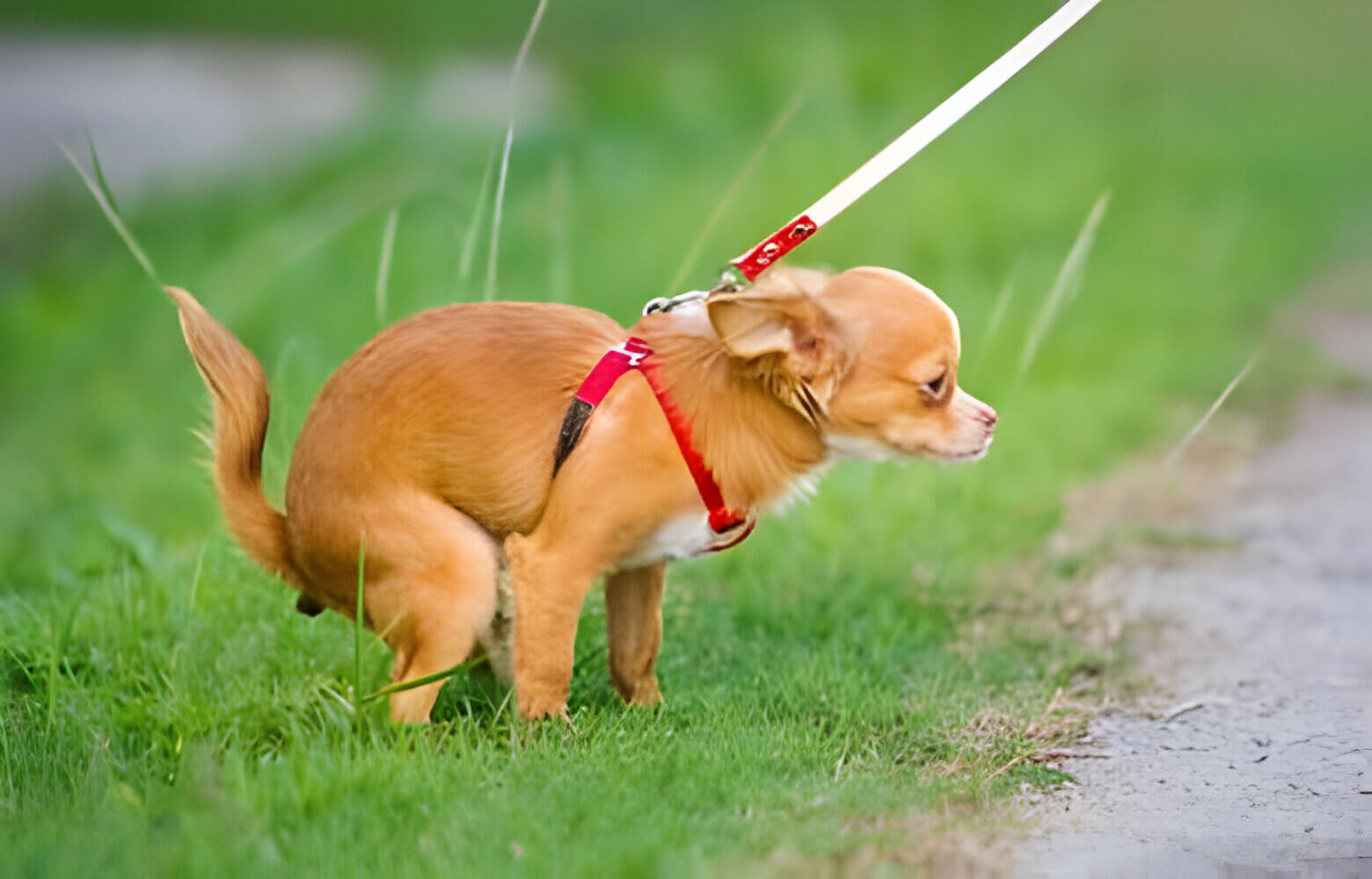 A Chihuahua puppy being potty trained outdoors on green grass.