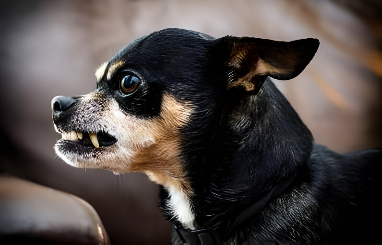 Small dog displaying aggressive behavior by growling