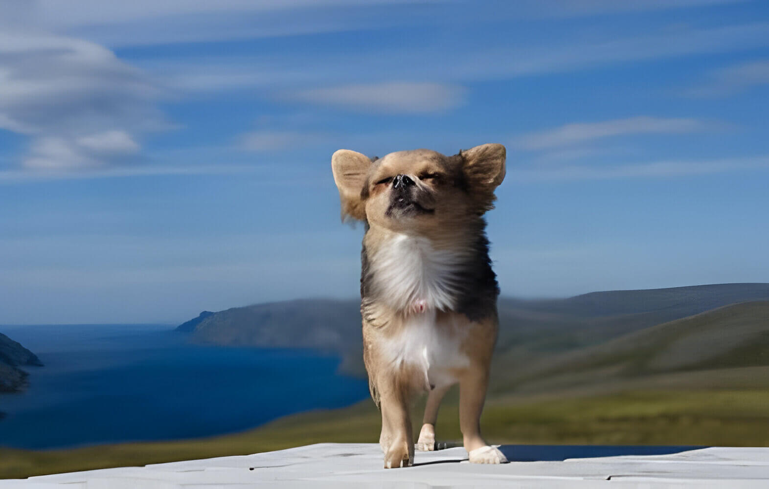 Chihuahua, standing on a wooden platform with a stunning blue lake and mountainous landscape in the background.