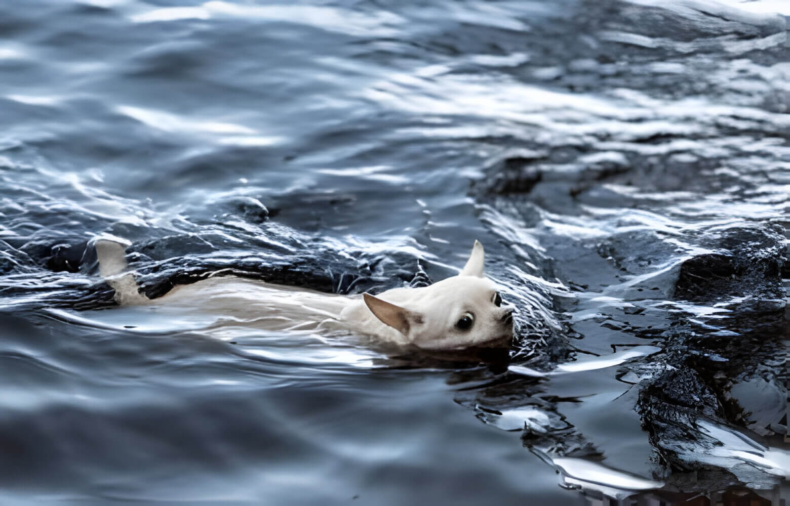 White chihuahua paddling in the water.