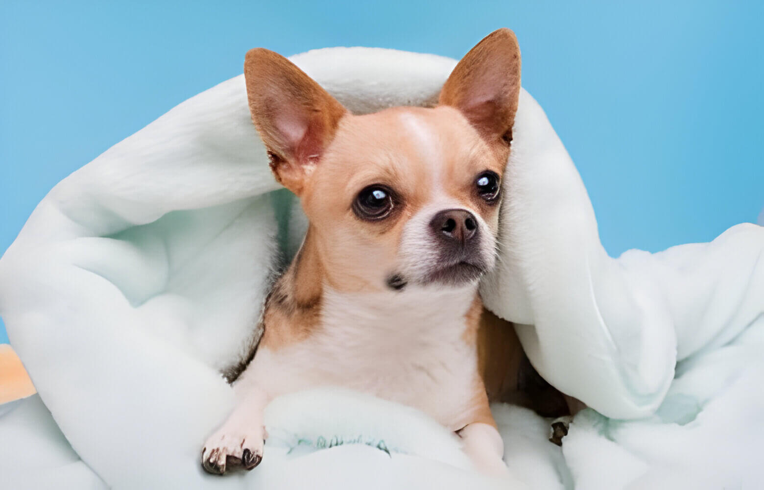 Brown and white dog relaxing under a blanket