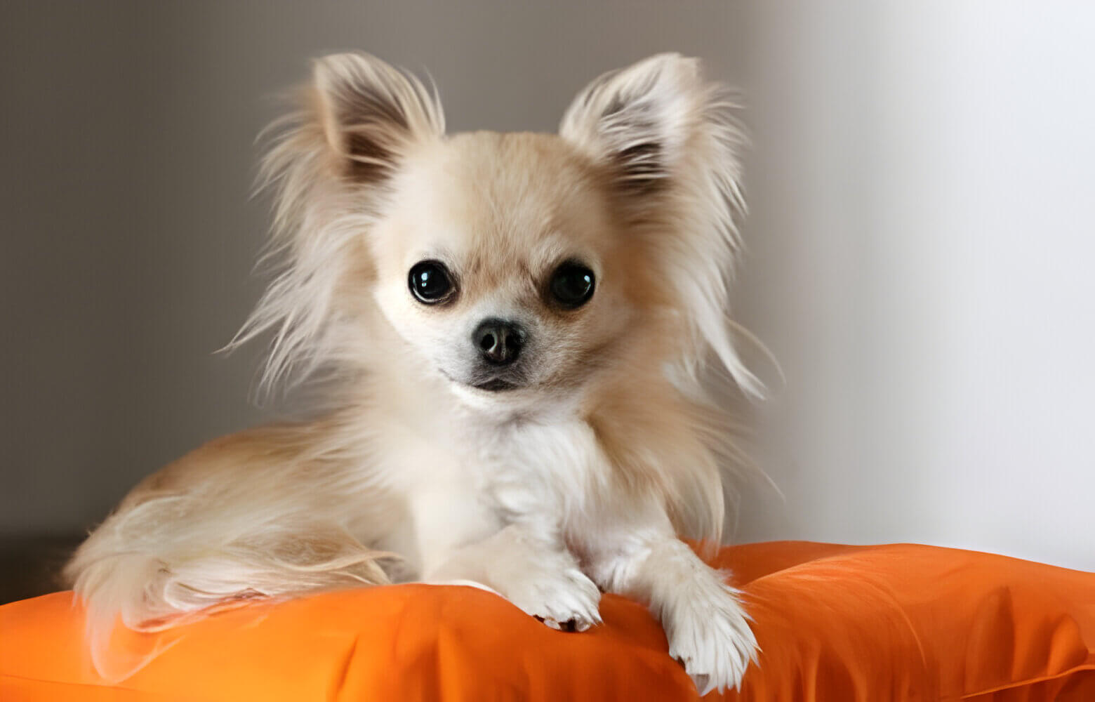 Small brown chihuahua with long fur resting on a colorful pillow.