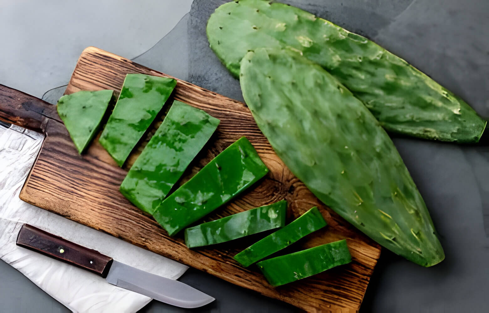 Chopping board with knife and nopal cactus pads prepared for dog