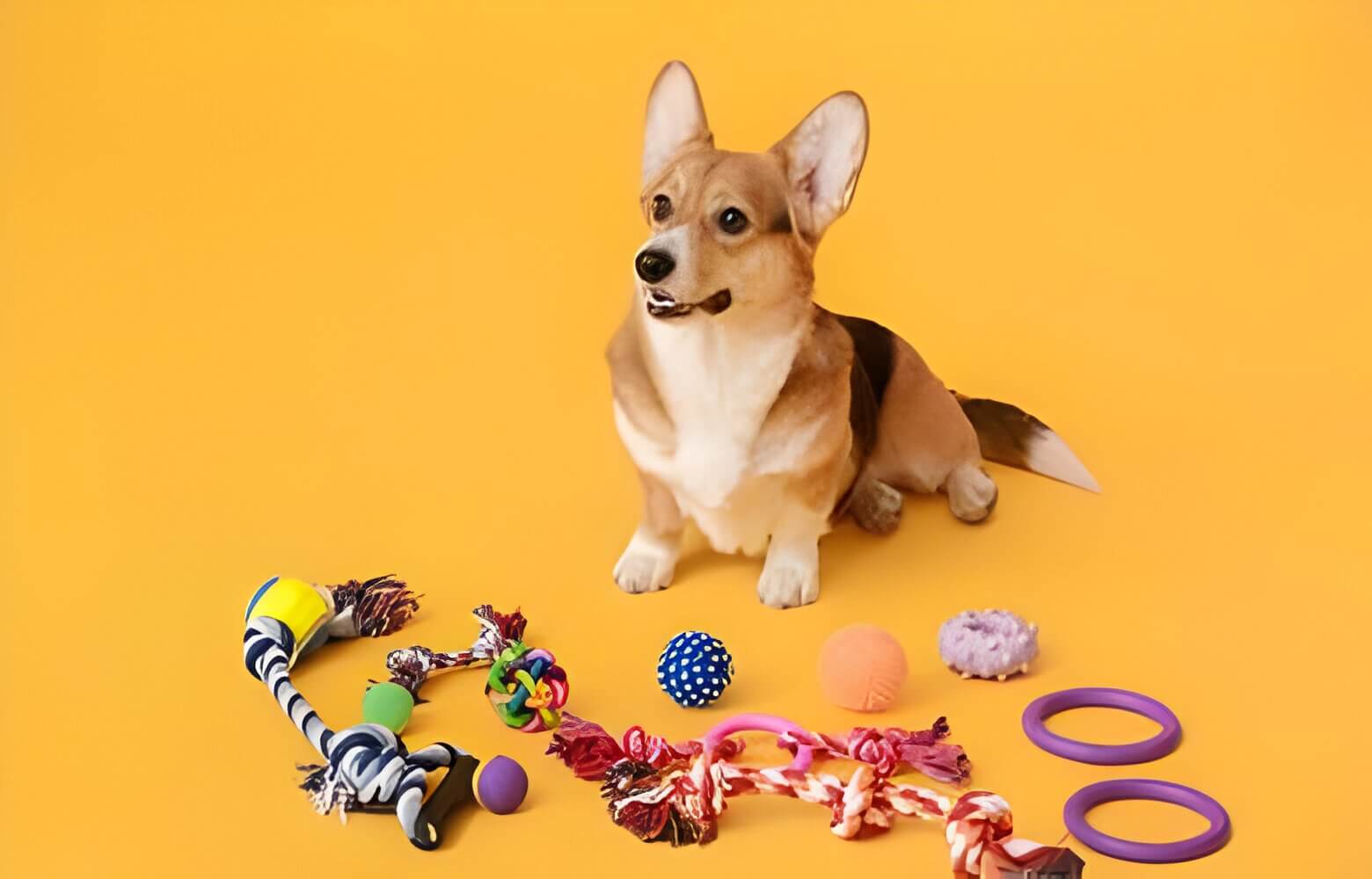 dog looking and a selection of dog toys.