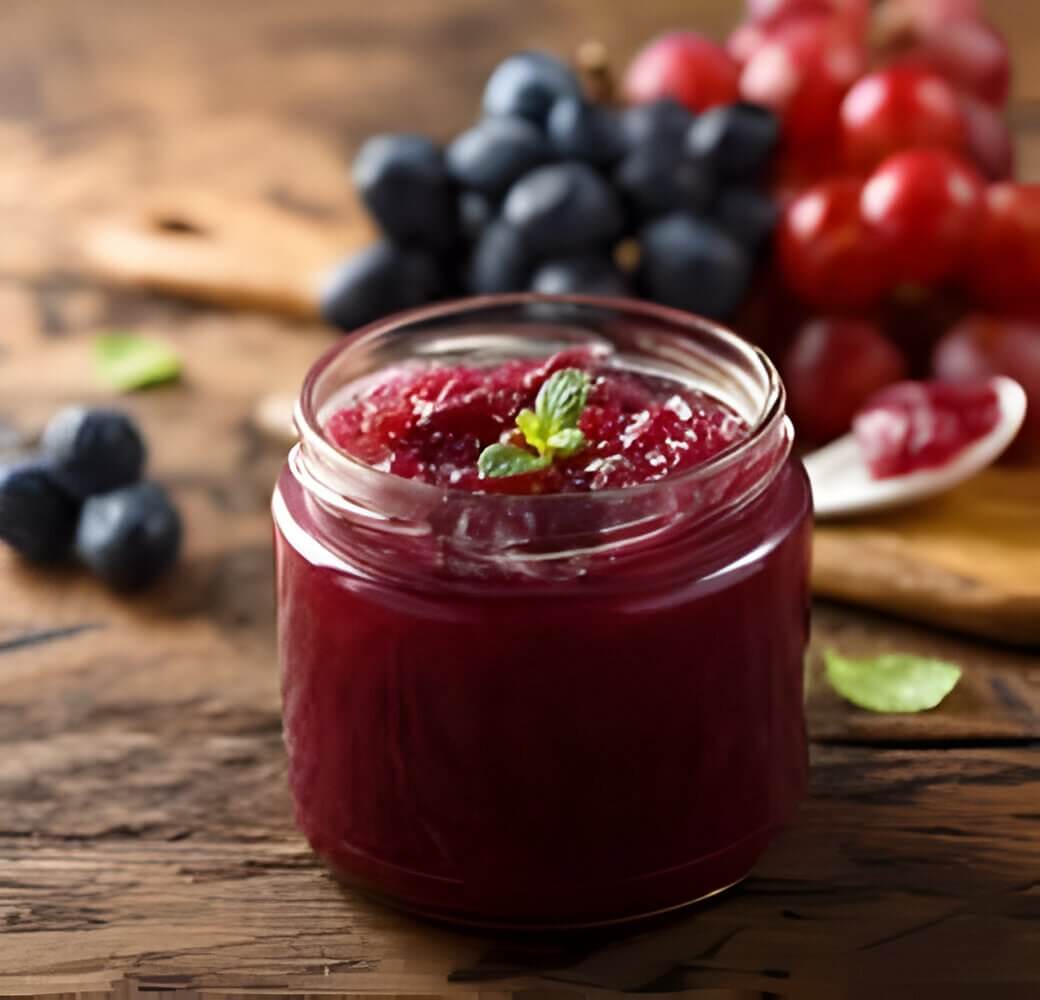 Jar of grape jam on a table