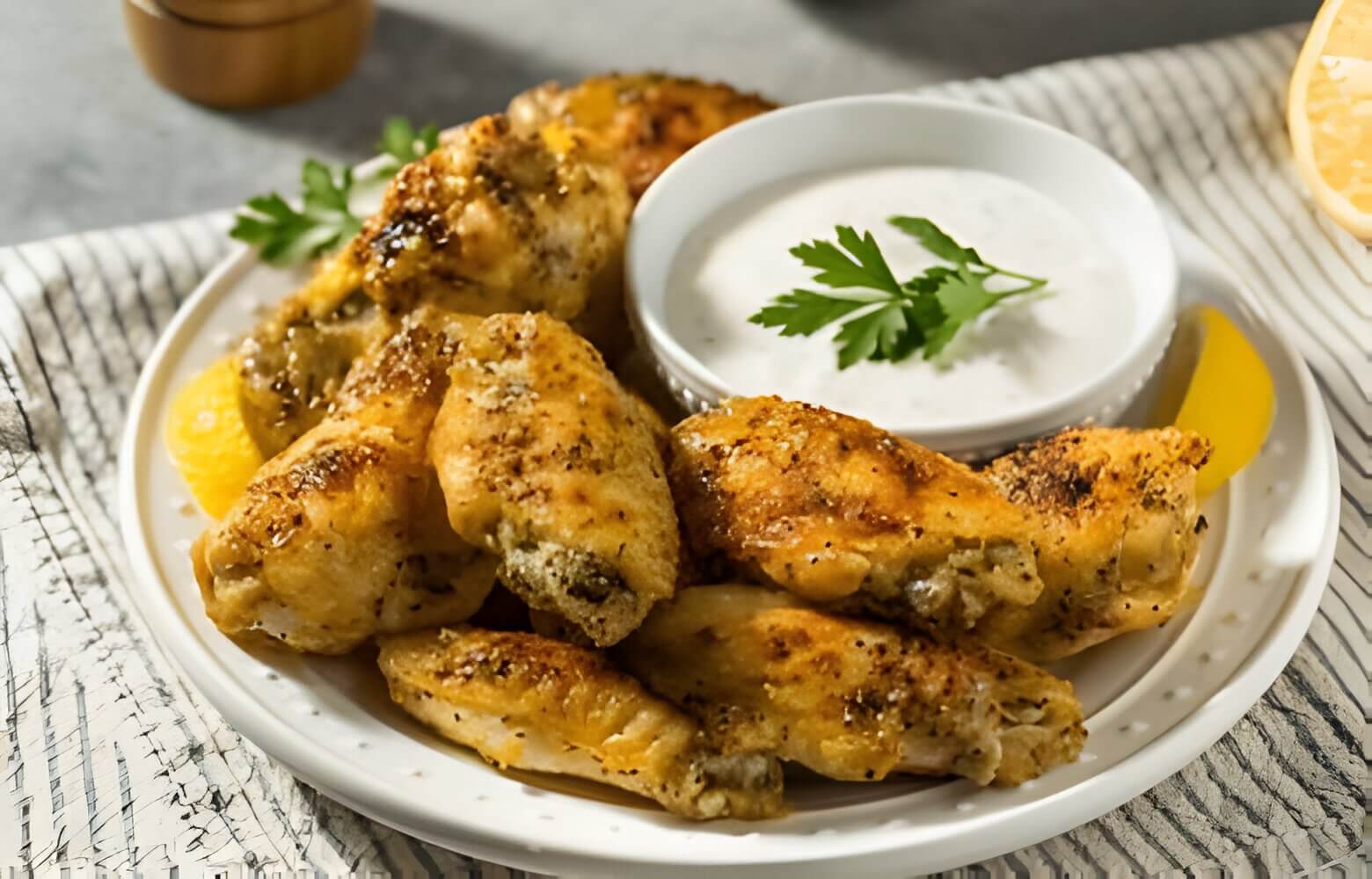 Plate of lemon pepper chicken wings with ranch dressing for dipping.