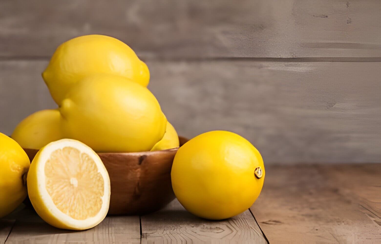 A bowl of yellow lemons on a wooden table.