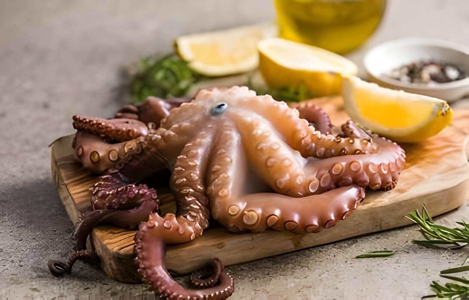 Whole octopus on a cutting board with lemons and spices