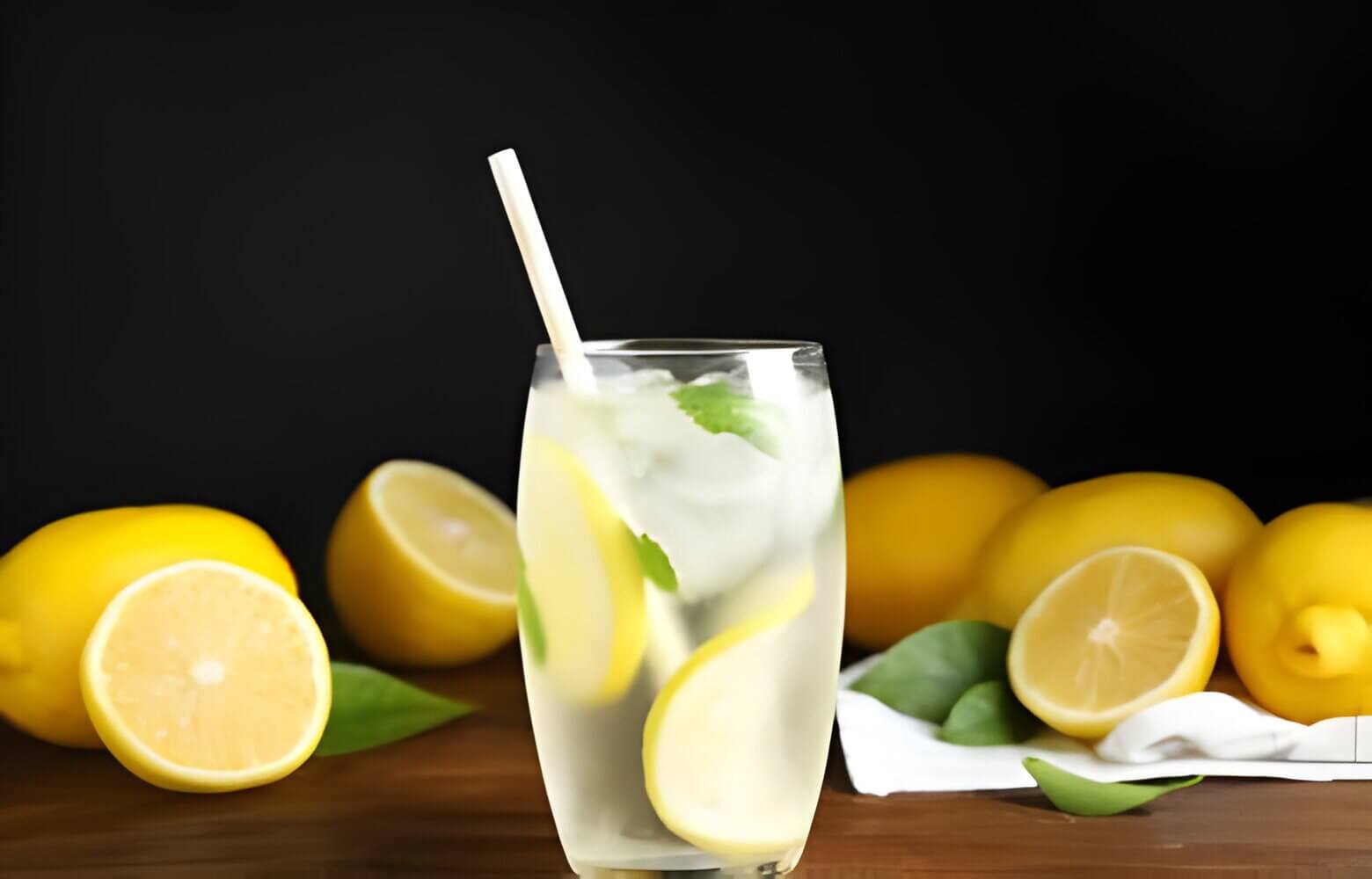 A glass of cold lemonade with lemons for garnish on a table.