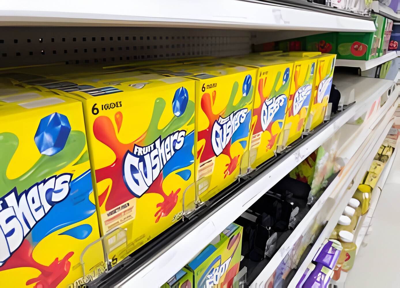 Close-up of colorful Fruit Gusher candy boxes on a shelf.